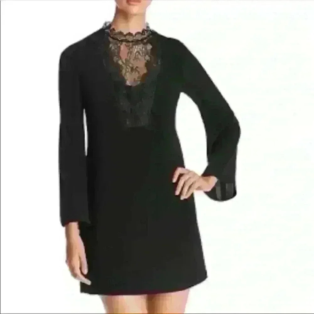 Kobi Halperin Black Bell Sleeve Silk Lace Panel High Neck Sheath Dress, Xs